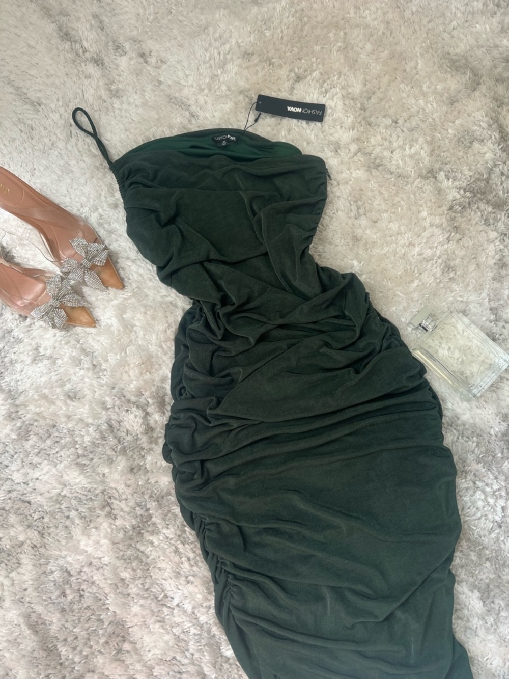 Fashion Nova Dark Green Ruched One-Shoulder Dress